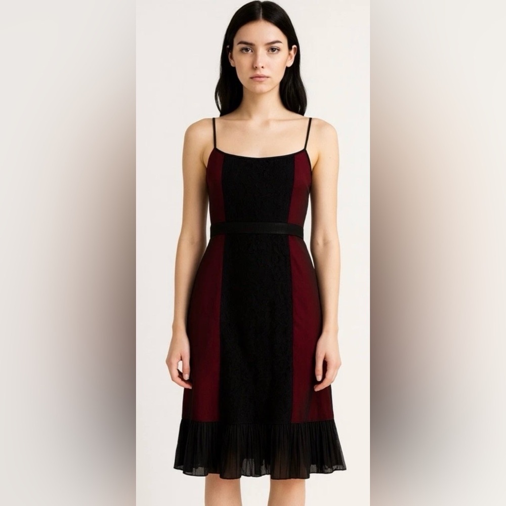Zara Woman Burgundy Holiday Party Dress Satin & Black Lace Slip Midi Goth Medium